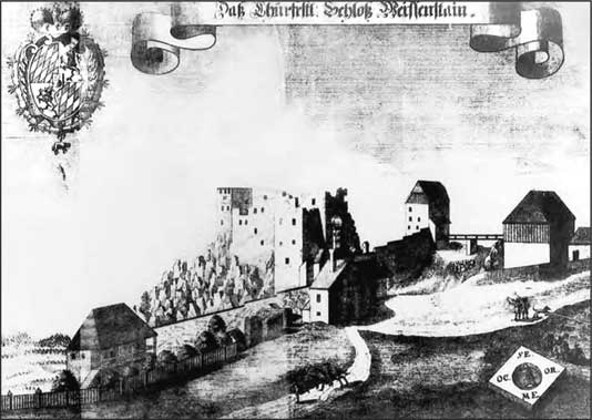 Файл:Замок Вайсенштайн, каким его видели в 1726 году. У зданий трапециевидная форма.jpg